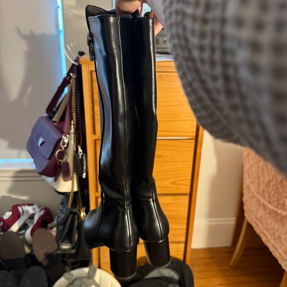 Women’s Faux Black Leather Black Heel Knee-High Boots - Picture 2 of 6